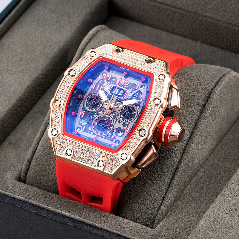 Новинка 2022, мужские высококачественные кварцевые часы с бриллиантами, полые стеклянные часы из нержавеющей стали, цвет черный, резиновый