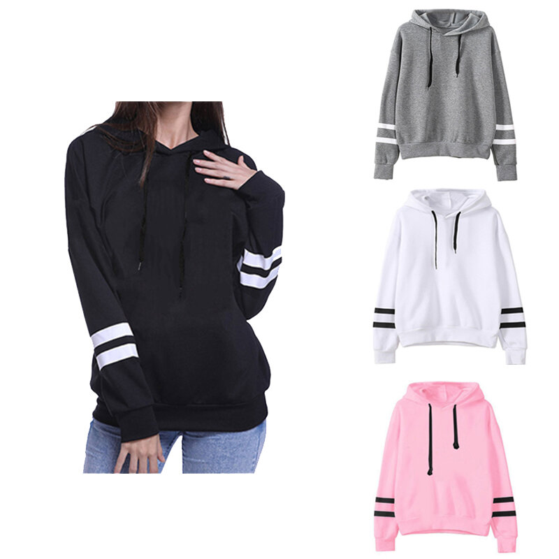 New Women Hoodies Spring Autumn Striped Long-Sleeved Slim Fit Fashion Casual Solid Color Hooded Female Sweatshirts S-3XL