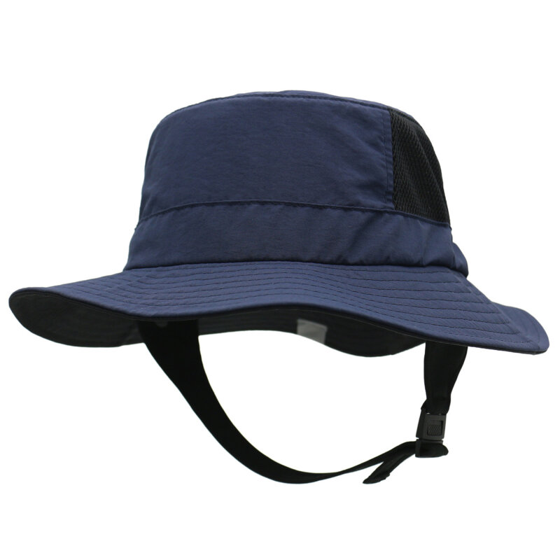 남녀공용 해변 서핑 모자, 메쉬 통기성 태양 모자, UPF50 + 여름 야외 낚시 벨트 턱, 조절 가능한 버킷 햇, 수상 스포츠