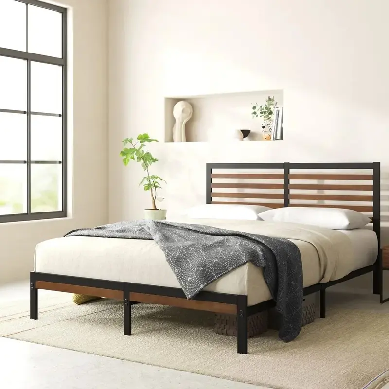 Schlafzimmer möbel Bambus Metall Plattform Bett rahmen mit Kopfteil/keine Feder erforderlich/einfach zu montieren, groß, braun
