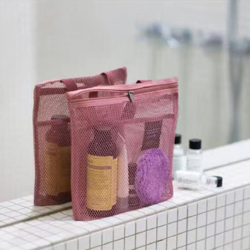 1pc Multifunction Mesh Hollow Drawstring Zipper Storage Bags Large Capacity Toiletry Bathing Shower Accessories Washing Handbags