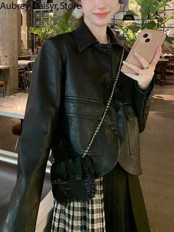 Korean Fashion Black Leather Jacket Women Streetwear Vintage Button Suit Blazers Casual Single Breasted High Street Thin Coat