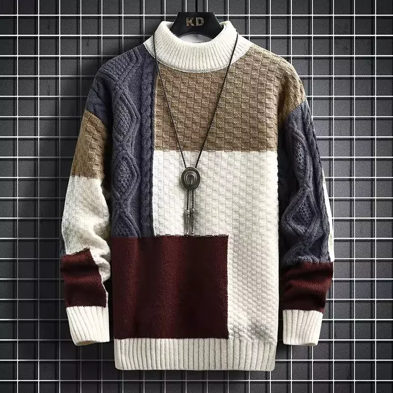 Color matching sweater men's long-sleeved pullover all-in-one casual sweater