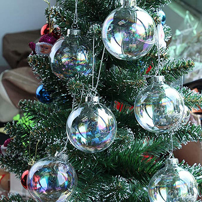 Bola rellenable de plástico transparente para decoración de árbol de Navidad, paquete de 12 bolas de cristal iridiscentes