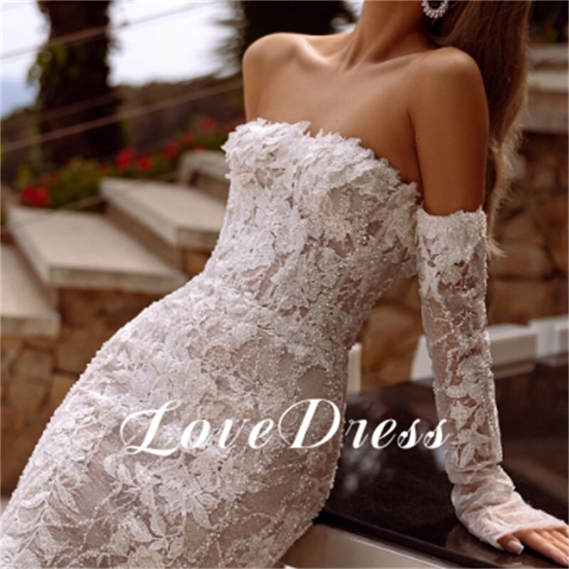 LoveDress-Vestido de novia elegante con hombros descubiertos, Vestido de novia brillante con cuentas de perlas, Vestido de novia clásico de sirena