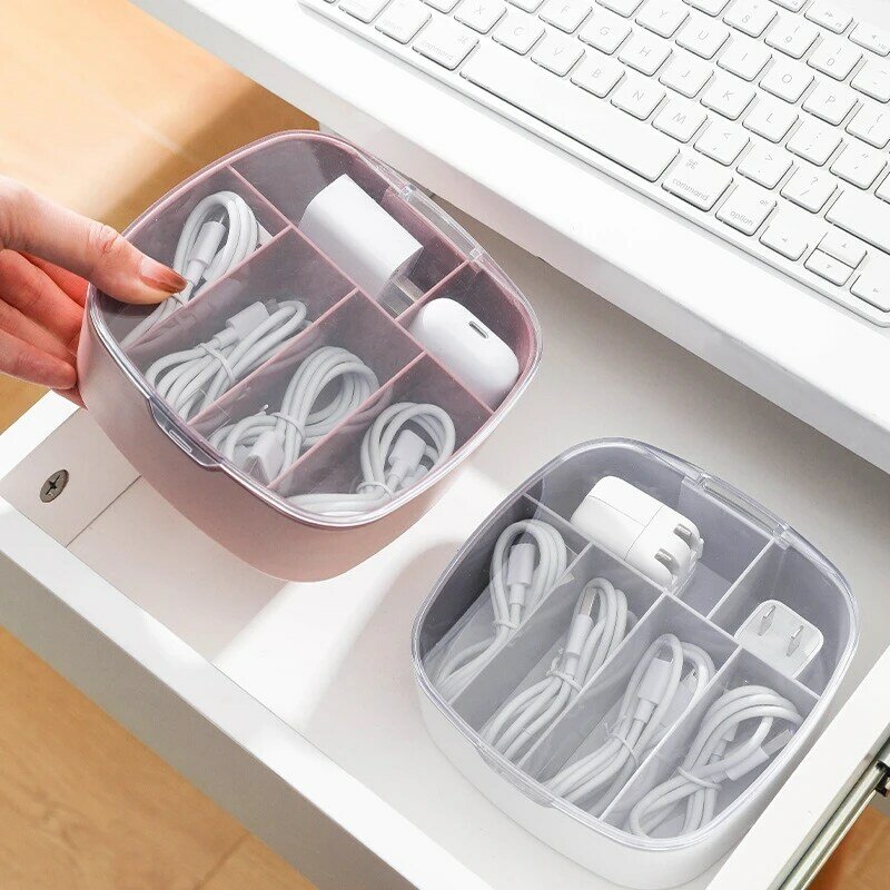 Cable Storage Box Plastic Data Line Portable Organizer Boxes 6 Bay Earphone Cable Office Power Cord Organizer with 6 Wire Ties