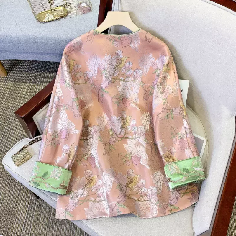 Terno Tang estilo chinês para mulheres, blusa retrô, juventude elegante, manga comprida, botão impresso, bordado, roupas, 2024