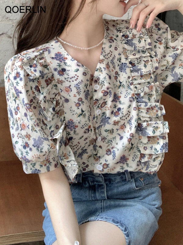 QOERLIN kwiatowy bluza z nadrukiem damski eleganckie lato 2023 nowy modny falbany bufiaste rękawy dekolt jednorzędowe koszule Vintage