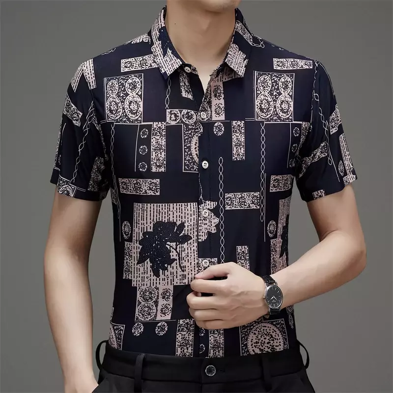 Camisa de manga corta de seda de hielo para hombre, camisa informal, tendencia de moda, versátil, novedad de verano