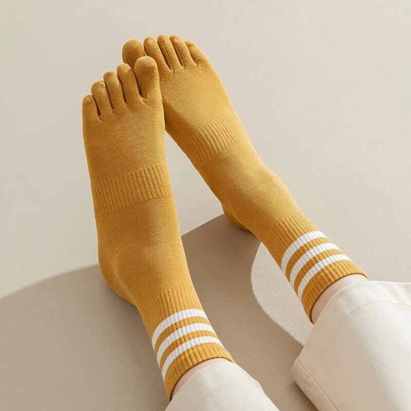 Calcetines de algodón con cinco dedos para mujer y niña, medias de tubo medio con rayas blancas y negras, divididas en el dedo del pie, para exteriores, para las cuatro estaciones, 1 par