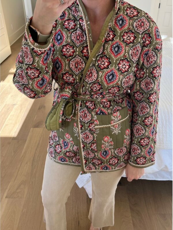 Abrigos Vintage con estampado Floral para mujer, chaquetas de algodón informales acolchadas con cuello vuelto, ropa de moda para otoño e invierno, 2024