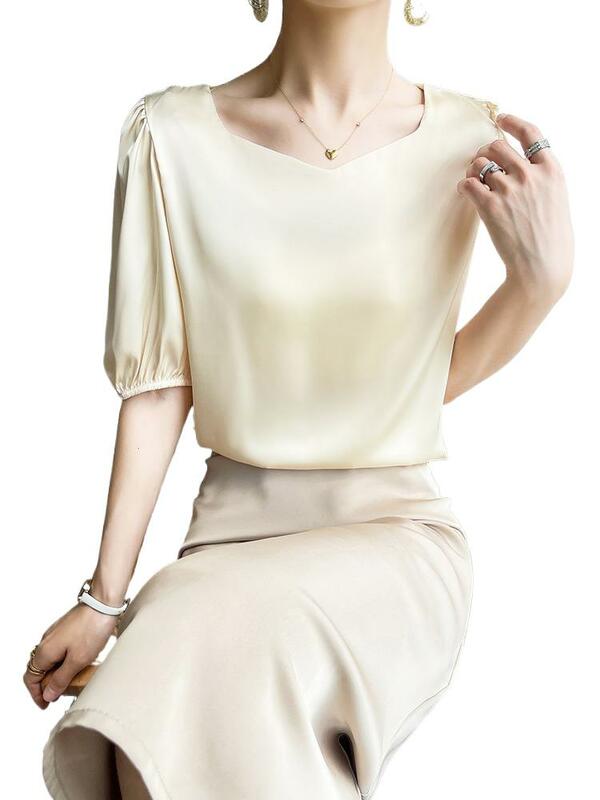 Блузка Женская атласная с квадратным вырезом, элегантная однотонная Модная рубашка с пышными рукавами средней длины, Офисная шелковая блузка, весна-лето