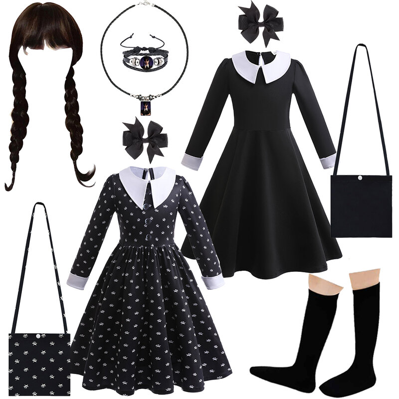 Halloween Carnival Party Children Wednesday Addams Cosplay Costume Birthday Evening Girls Blcak Vintage Gothic Long Sleeve Dress