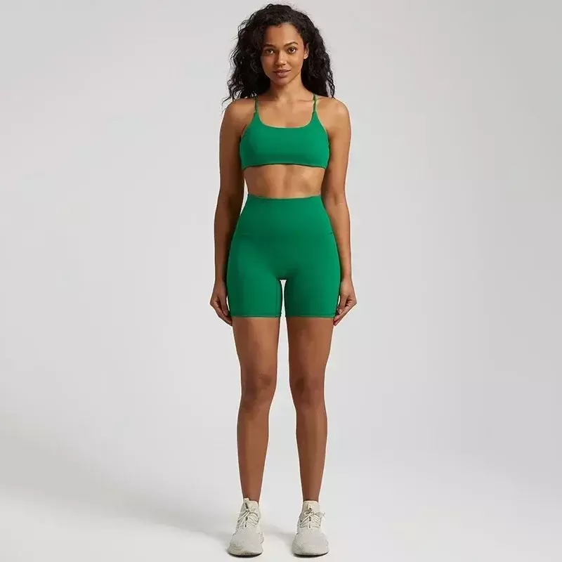 Lemon Women Gym Yoga Set Workout Training Women Sports Suit High Waist Short Legging And Cross Fitness Bra 2pcs With Chest Pad