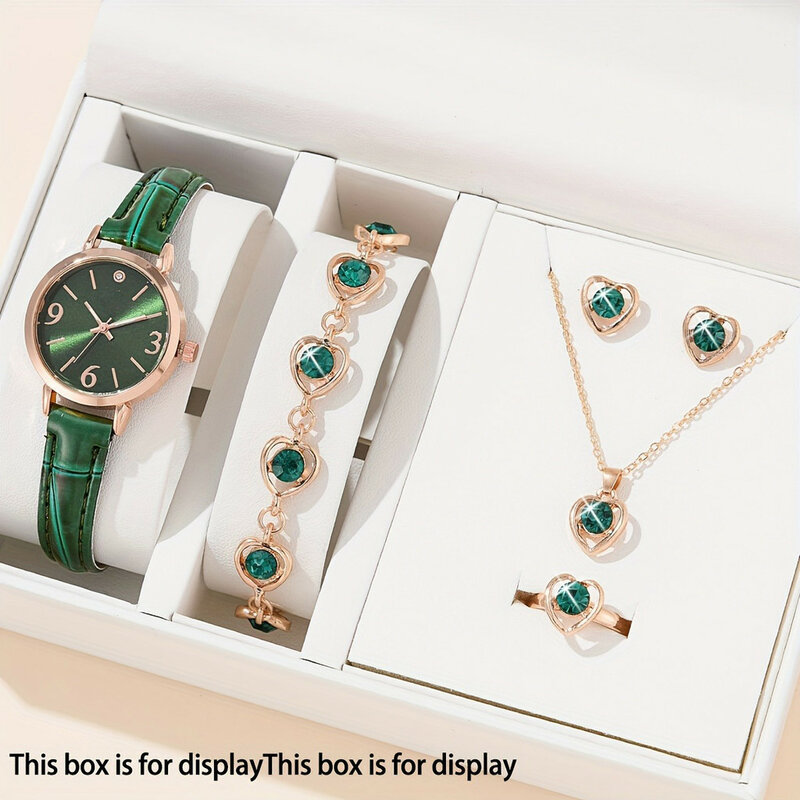 Kegllect-طقم هدايا ساعة مقاومة للماء للنساء ، مجوهرات فاخرة ، قرص دائري ، هدية عيد ميلاد للسيدات ، بدون صندوق ، أخضر ، 6