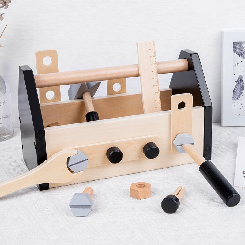 Caja de herramientas de mano de madera, juguete de combinación de herramientas de tuerca de tornillo de inteligencia para niños, casa de juegos de carpintero pequeño de simulación, Educación Temprana