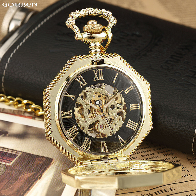 Reloj de bolsillo mecánico Hexagonal clásico para hombre, cadena FOB, Steampunk, esfera con números romanos, esqueleto de acero hueco dorado