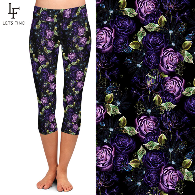LETSFIND Summer Style Milk Silk Print Purple Rose Capri Leggings High Waist  Stretch Slim Mid-Calf Leggings