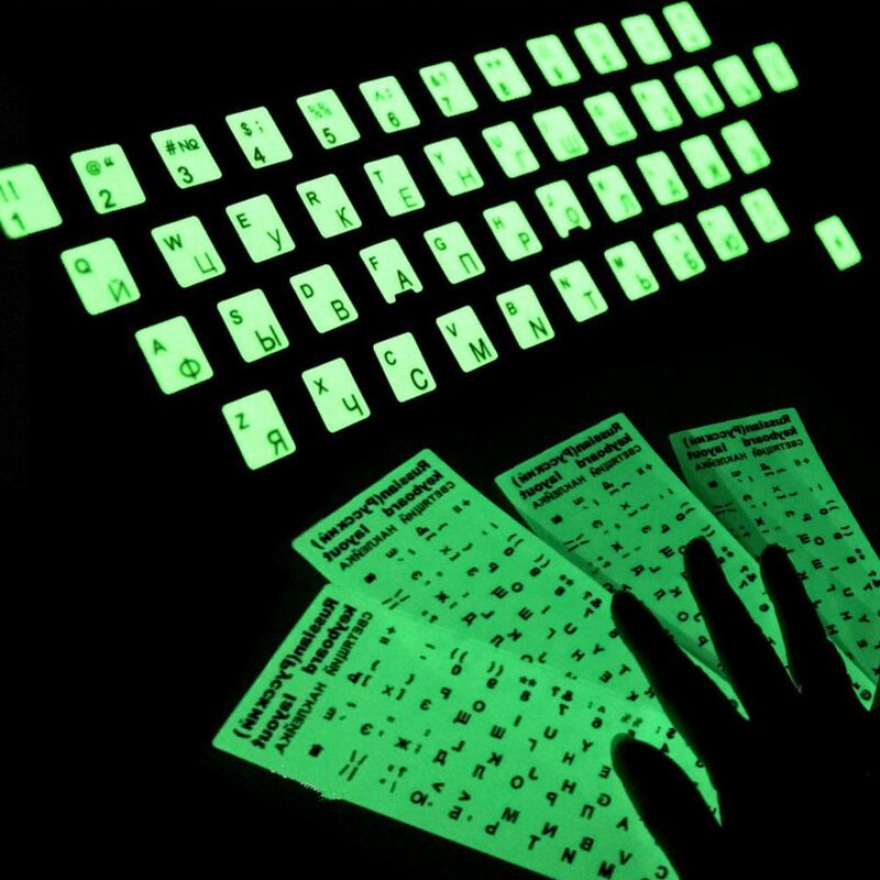 Pegatinas luminosas para teclado, pegatina a prueba de polvo con luz nocturna, español, inglés, ruso, árabe, francés, para ordenador portátil, PC y Escritorio