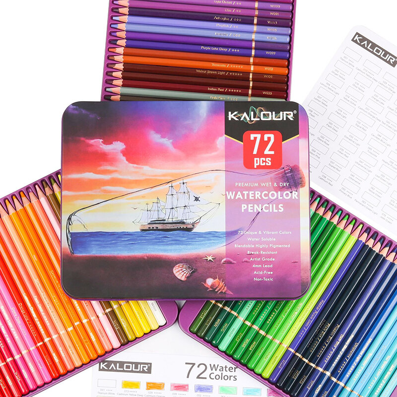 KALOUR lápis aquarela solúvel em água, efeitos de mistura, lápis desenho molhado ou seco para crianças, adultos e iniciantes, 72 cores