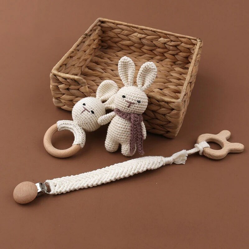 77HD Baby Pacifier Rattle and Clips Holder Set Wooden Rabbit Hand Grip Shaking Set Safe Braided Pacifier Teething Ring
