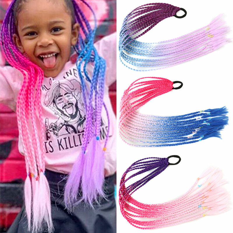 AZQUEEN-coleta trenzada de Color sintético para niña, extensión de cabello, trenzas de Color arcoíris, cola de caballo con banda elástica