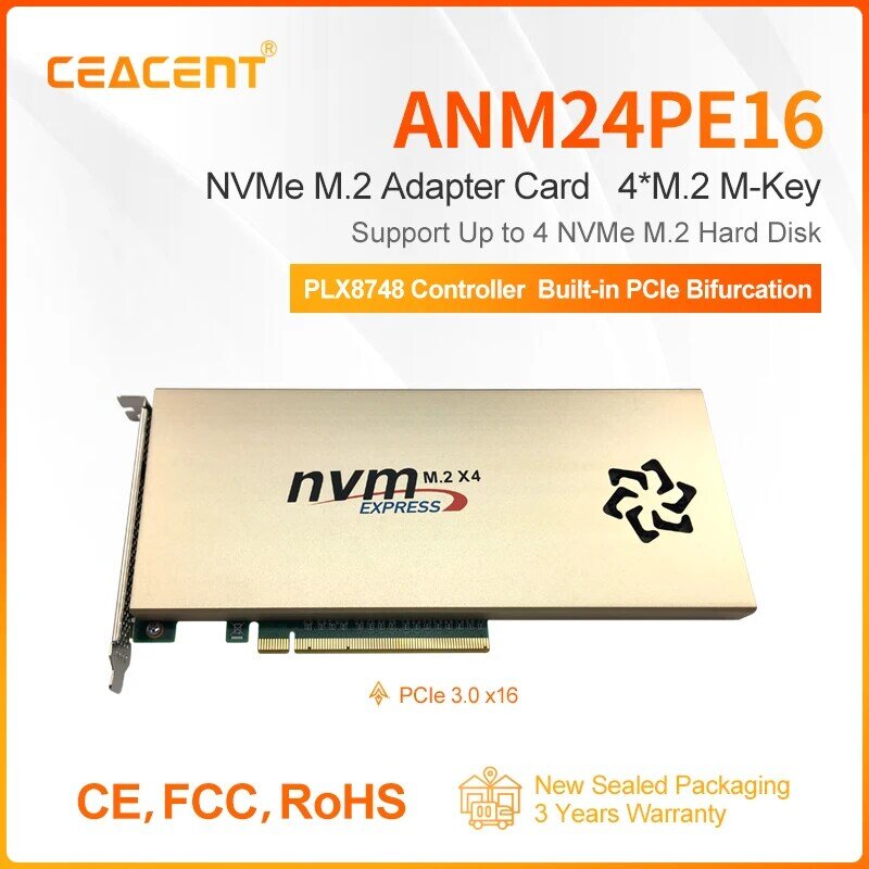 Kartu ekspansi M.2 Key SSD ANM24PE16 4-Port PCIe3.0 X16 dengan pengontrol PLX8748 tanpa Motherboard PCIe Bifurcation perlu
