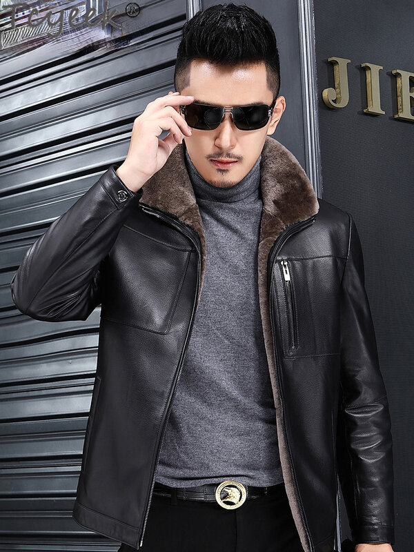 Tcyeek-chaqueta de cuero Real para Hombre, abrigo de piel de oveja Natural, Chaquetas de piel cálidas, ropa ajustada, Invierno