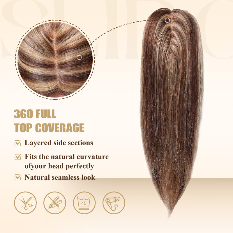 Brown Blonde Highlights Human Hair Topper 12 Inch Silk Base Clips in Hair Extension Middle Part 100% Remy Hair Topper for Women