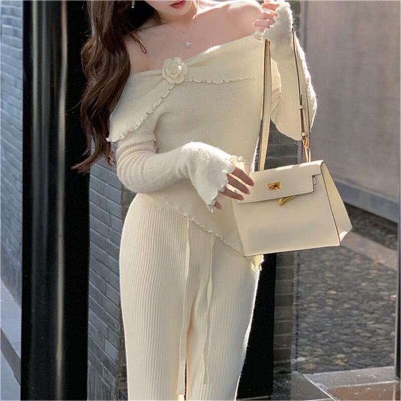 Stylish Sweater Knit Top with Flared Cuffs and Fashionable off Shoulder Look Drop Shipping