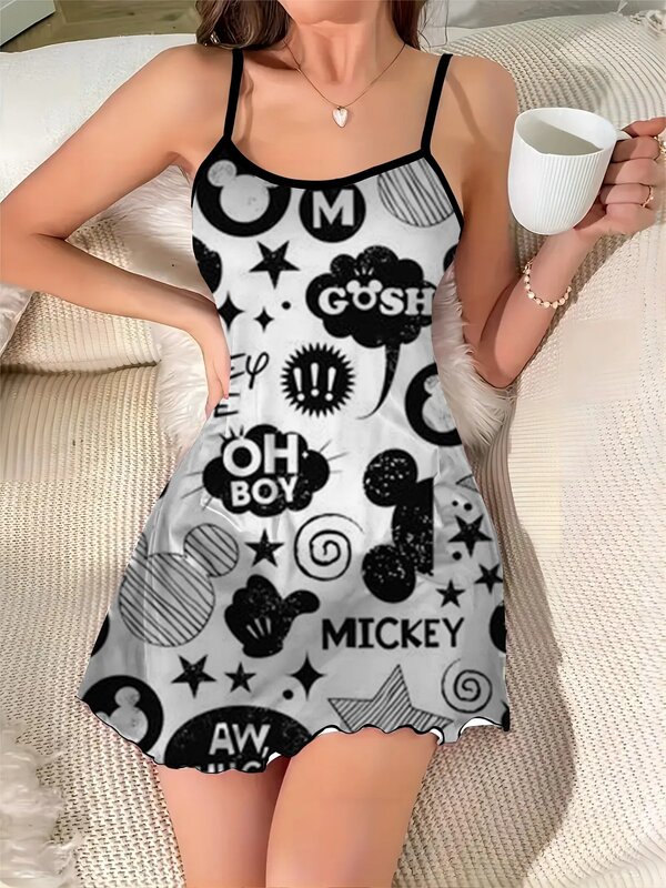 Vestido corto de Mickey con cuello redondo para mujer, vestido elegante de Disney con falda de pijama con ribete de lechuga, superficie de satén, Minnie Mouse, elegante y Sexy