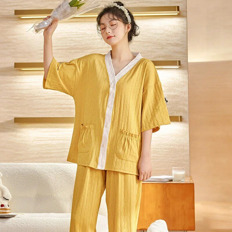 Primavera e verão de malha algodão jacquard cardigan com decote em v calças de manga curta pijama feminino casual doce adolescente loungewear