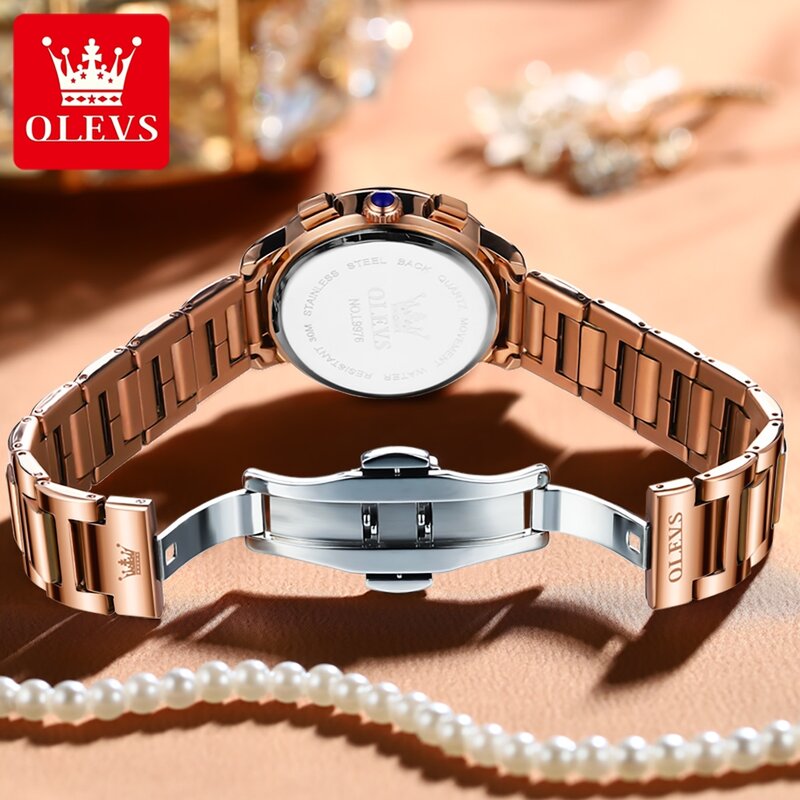 OLEVS นาฬิกาควอทซ์ Gelang Rose Gold หรูสำหรับแฟชั่นสำหรับผู้หญิงนาฬิกาสแตนเลสโครโนกราฟกันน้ำ relogio feminino