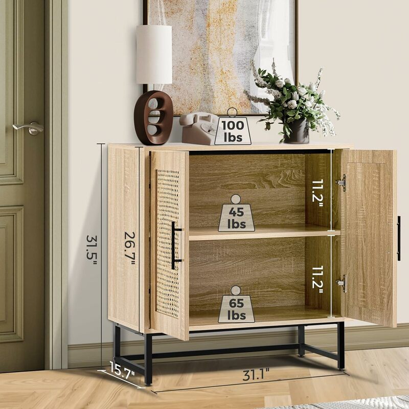 Storage Cabinet with Handmade Doors, Rattan Cabinet Sideboard  Accent Cabinet for Living Room, Hallway, Dining Room, Entryway