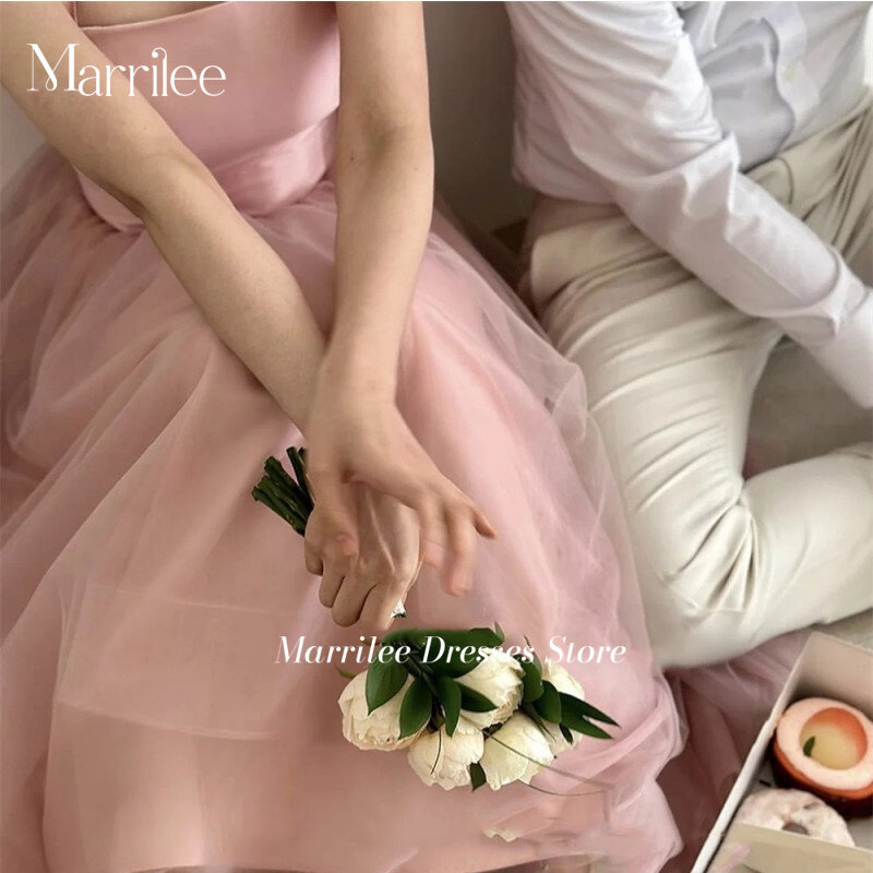 Elegancka zakurzona różowe suknie wieczorowe paski Spaghetti satynowa tiulowa suknia ślubna koreańska linia dla kobiet wyjściowa sukienka na studniówkę 2023