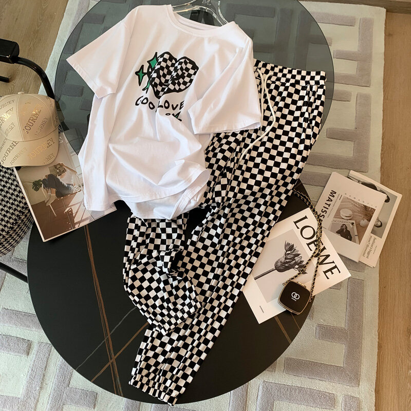 2023 Summer Elegant Women Solid Casual Fitness Tracksuit Set Outfits Short Sleeve Print Tops+ PlaidTrouser Pants 2 Two Piece Set