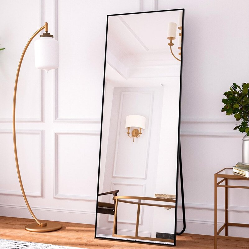 Miroir sur pied rectangulaire avec cadre en aluminium, miroir pleine longueur, grand miroir noir, mur autoportant, 64 po x 21 po