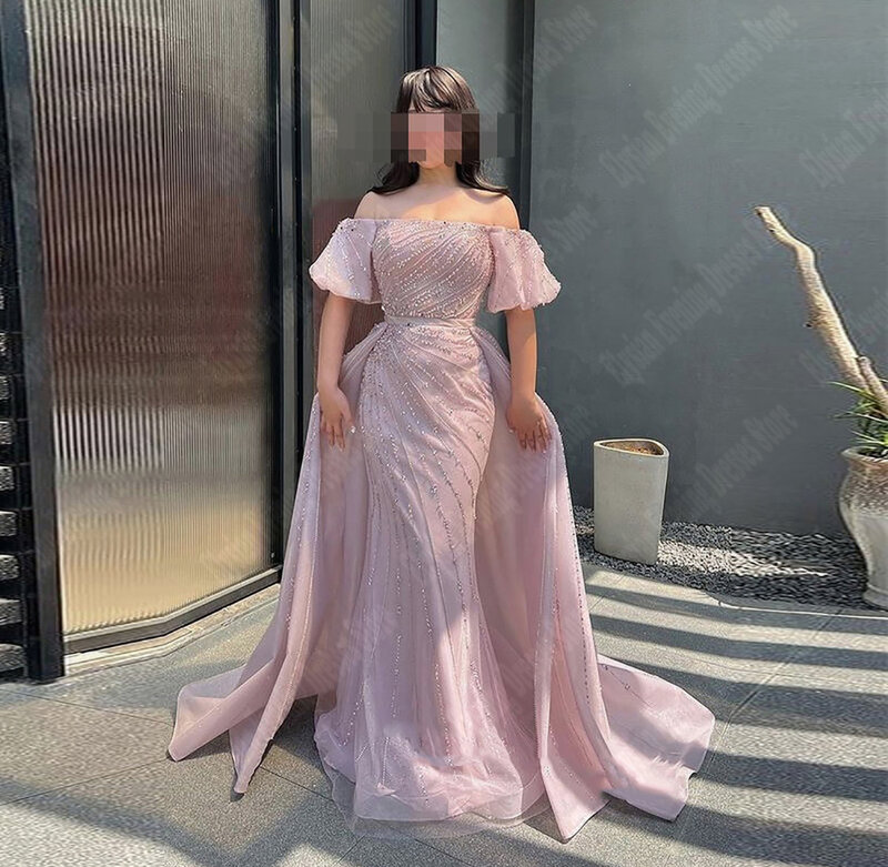 Gaun malam wanita merah muda terbaru desain renda bermanik berkilau seksi gaun pesta dansa syal Retro elegan lengan pendek Vestidos De Noche