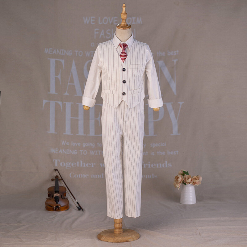 Gentleman Kids White Stripe Photograph Suit Teenager Boys Jacket Vest Pants Tie Wedding Dress Children Stage Performance Costume