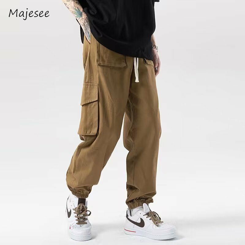 Men Pants Streetwear Multi Pockets Spring Fashion Drawstring Baggy Solid Techwear Leisure Japanese Style Students Daily Trousers