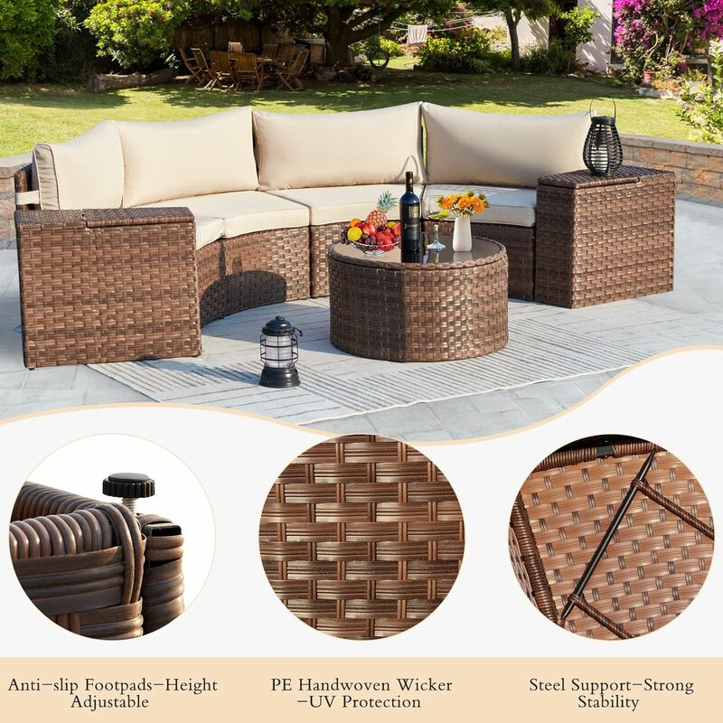 7/9 Piece Outdoor Half Moon Furniture, Wicker Patio Sectional Conversation Set with 2 Storage Armrests and Table for Backyard