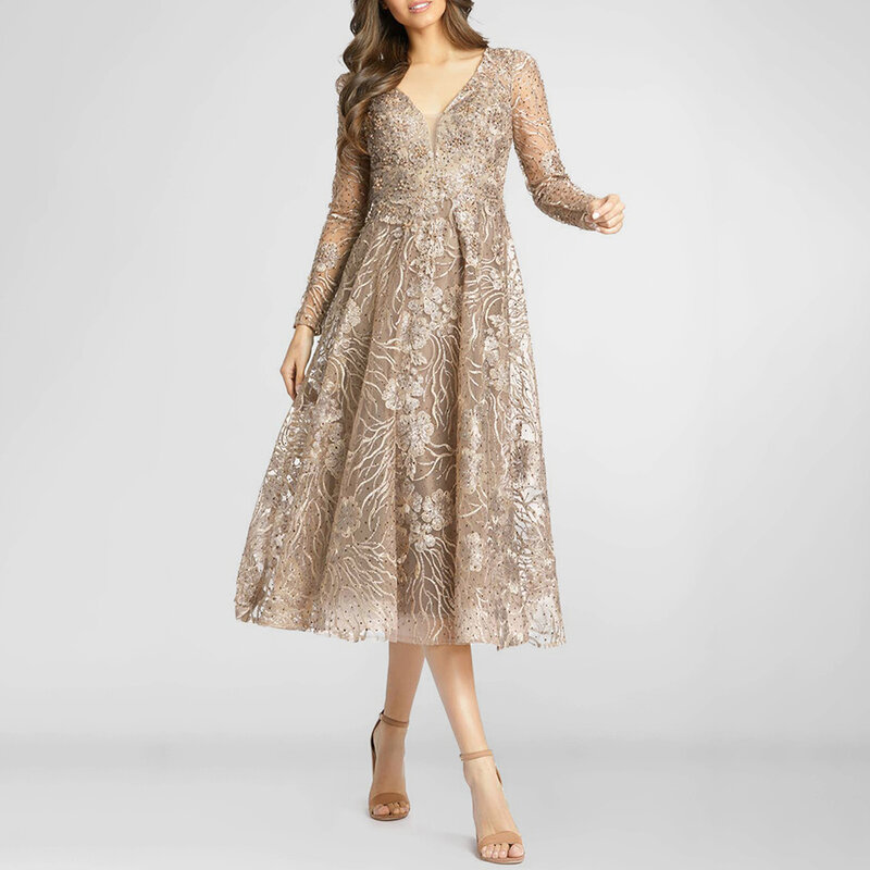 Gaun midi ukuran besar untuk pengantin wanita, Gaun panjang Motif teh warna sampanye renda motif bunga dua lapis