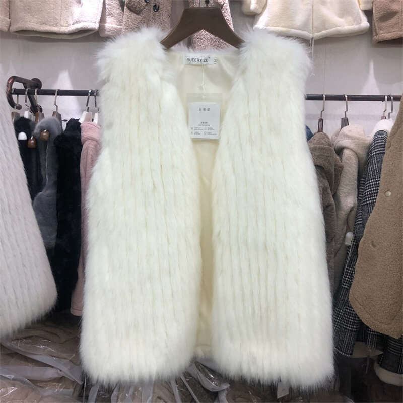 Colete de imitação de pele de raposa feminino, casaco sem mangas, médio a longo, solto, novo, outono, inverno, 2022