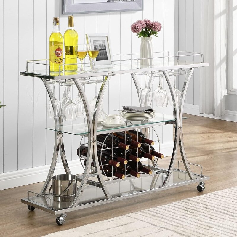Carrito de servicio de Bar con soporte para vidrio y estante para vino, carro de 3 niveles con estantes de vidrio templado y marco de Metal con acabado cromado