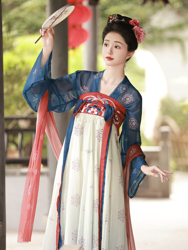 Vestido feminino de manga comprida Tang Hanfu, peito alto, restaurando estilo nacional