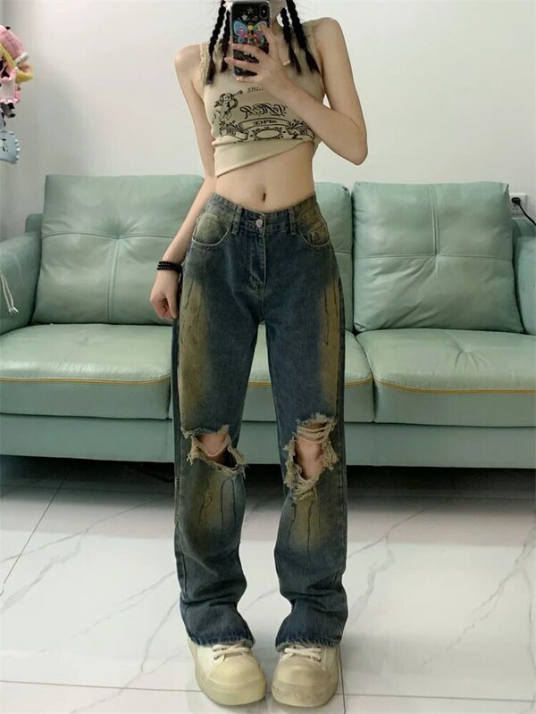 Women's Graffiti Painted Holes Summer Wide Leg Jeans Young Girl Street Style Baggy Bottoms Vintage Casual Trousers Female Pants