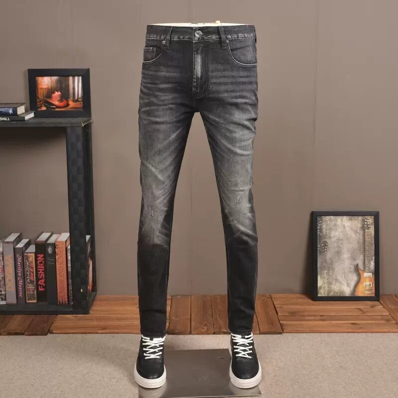 Fashion Streetwear Men Jeans High Quality Retro Black Gray Elastic Slim Fit Ripped Jeans Men Vintage Designer Denim Pants Hombre