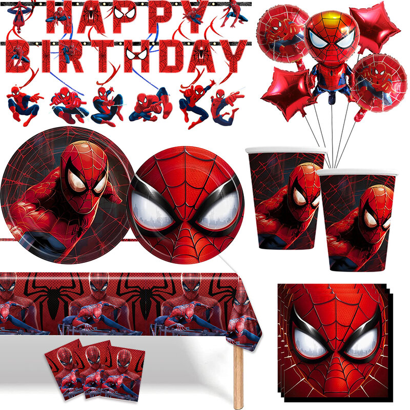 Spiderman Birthday Party Supplies Paper Cup Plate Banner Table Cover Bolo Topper Guardanapo Balão para Crianças Boys Party Decorações