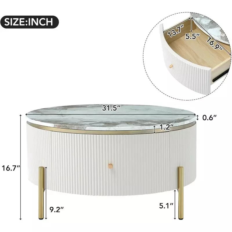 Coffee Table with Drawers Round Drum with Golden Legs Circular Center Tables with Marble Pattern Top, Coffee Table