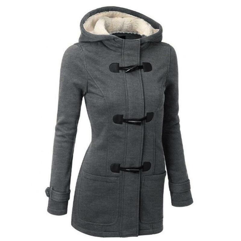 Damskie kurtki Plus Size zimowa moda damska jednolity kolor rogowa klamra z kapturem długie płaszcz z rękawami